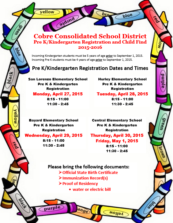 April 24th, 2015: Cobre Pre-K and Kinder Registration