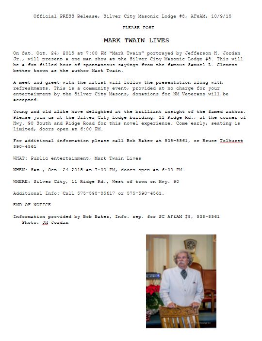 October 23rd, 2015: Mark Twain in Silver City