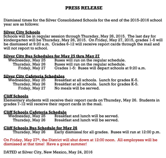 Silver Schools End of the Year Schedule