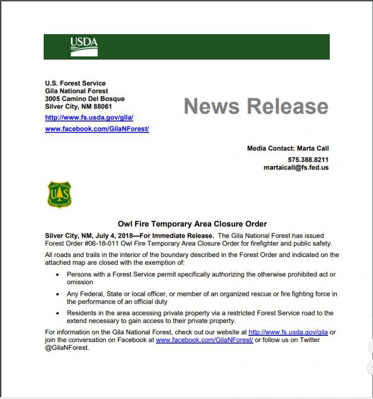 July 5th, 2018: Owl Fire Temporary Closure Order