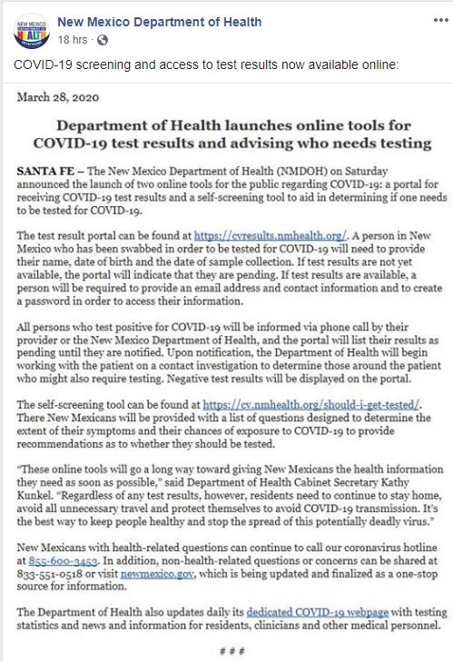 NMDOH Launches Online Tools for COVID-19 Testing