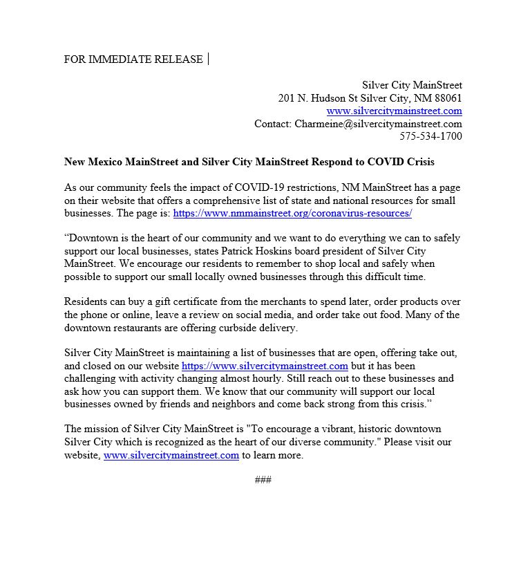 Silver City Mainstreet Responds to COVID-19 Crisis