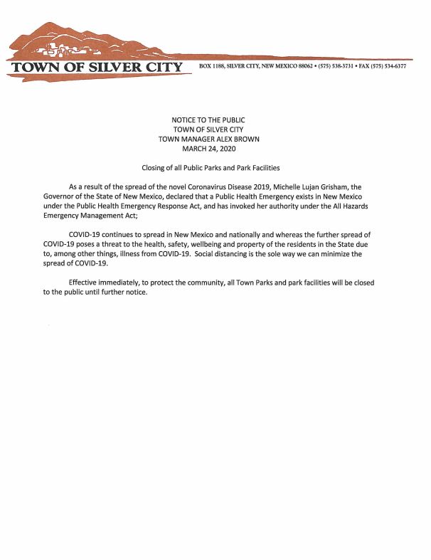 Town of Silver City Park Closures