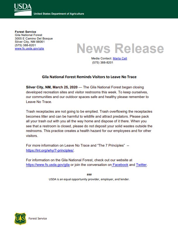 Gila National Forest Reminds Visitors to “Leave No Trace”
