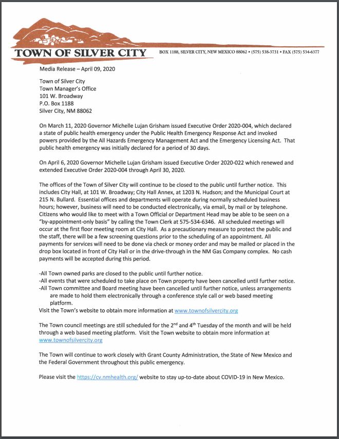 Town of Silver City Closures Remain Through April 30th