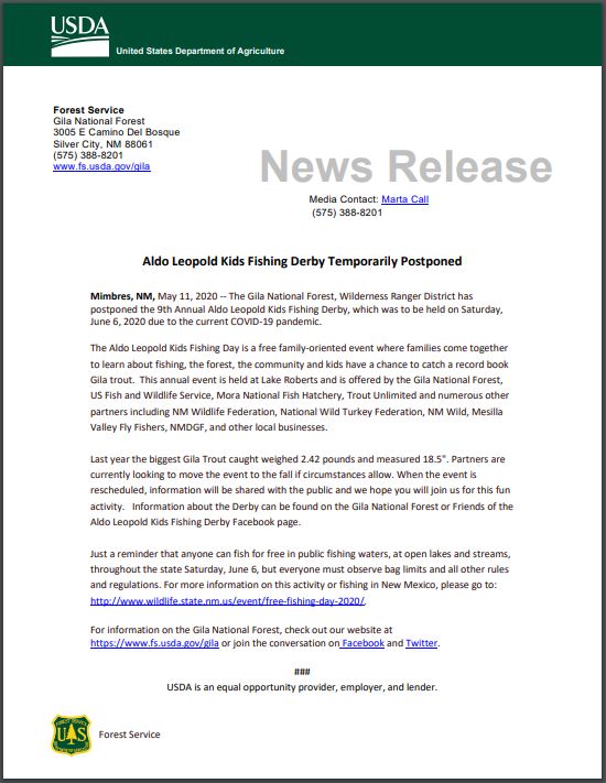 Aldo Leopold Kids Fishing Derby Temporarily Postponed