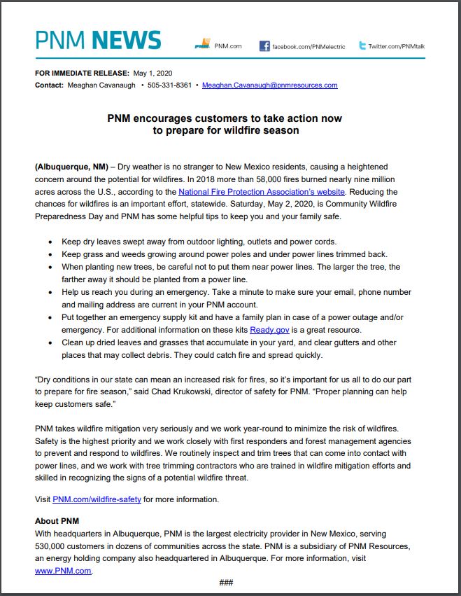 PNM Wild Fire Season Tips