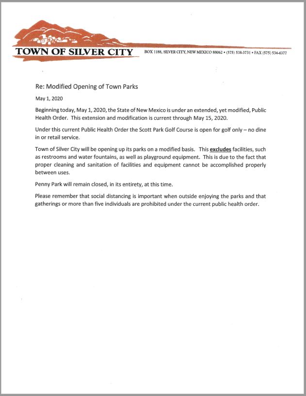 Town of Silver City Modified Opening of Parks