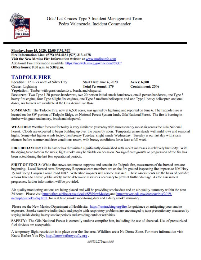 Tadpole Fire Update – June 15th, 2020