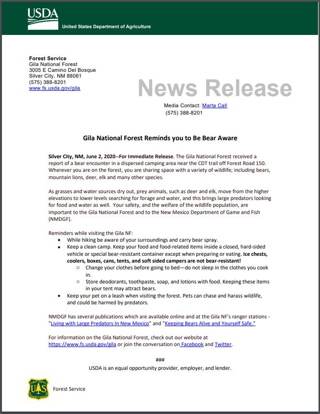 Gila National Forest Reminds Visitors to be Bear Aware