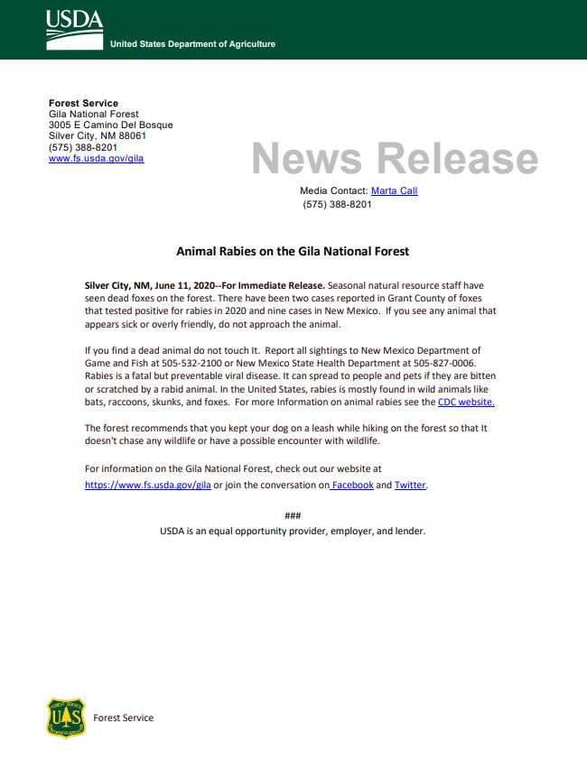 Gila National Forest Rabies Alert