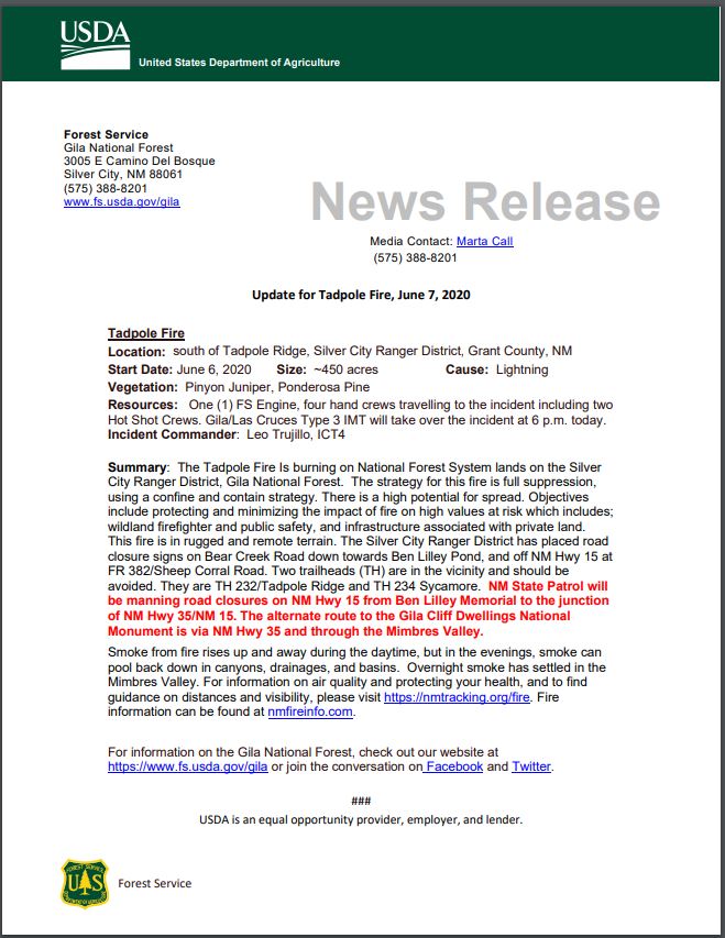 Tadpole Fire – Silver City Ranger District