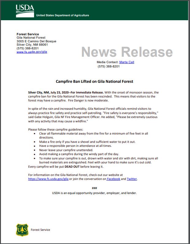 Campfire Ban Lifted on Gila National Forest