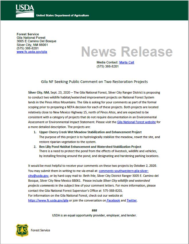 Gila National Forest Seeking Public Comment
