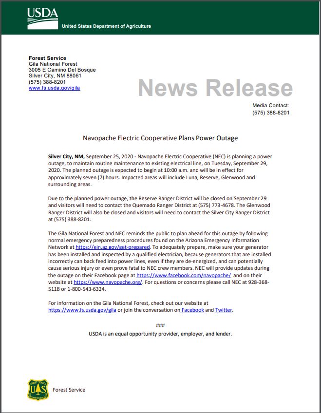 Navopache Electric Cooperative Planned Power Outage