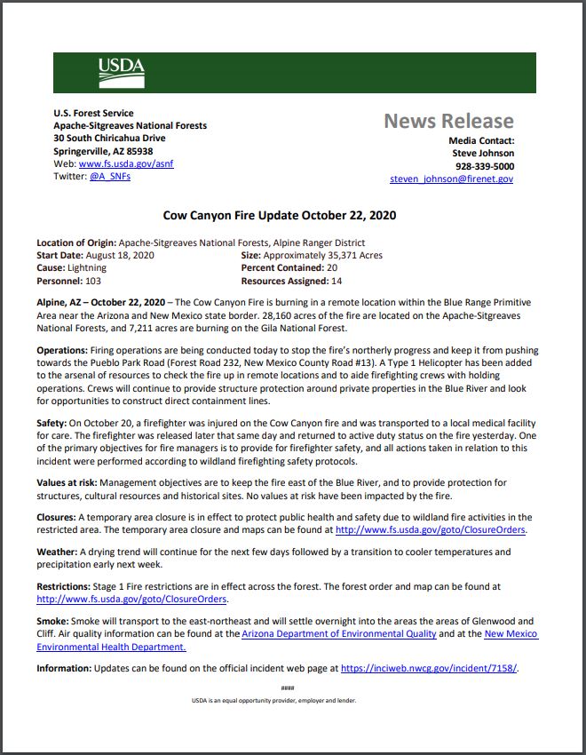 Cow Canyon Fire Update