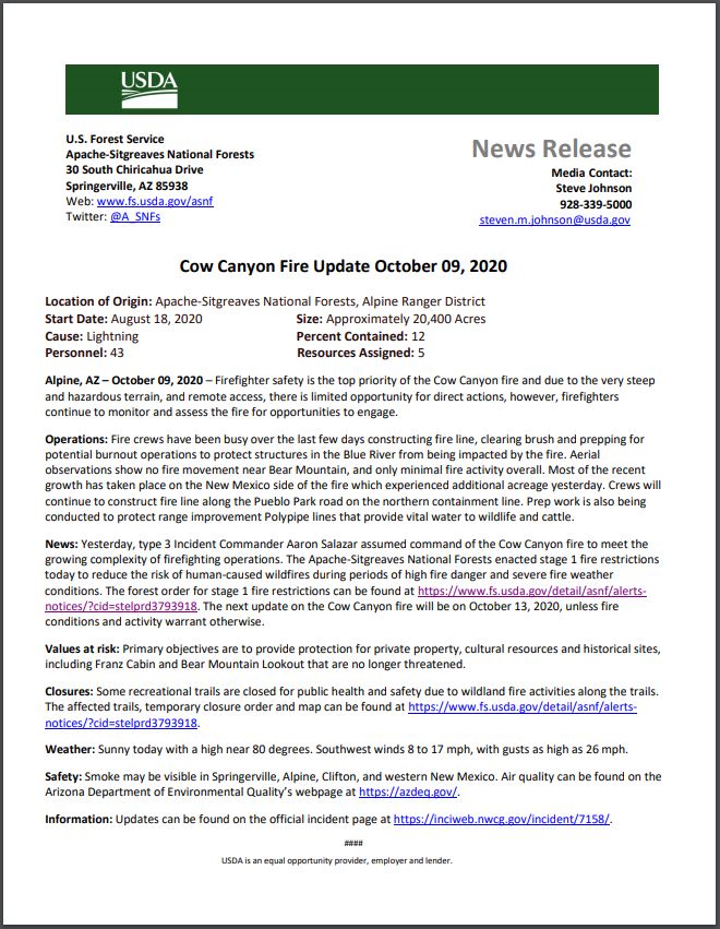 Cow Canyon Fire Update