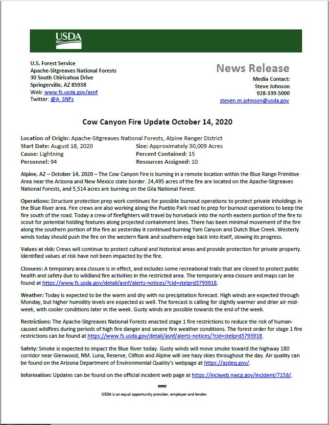 Cow Canyon Fire Update