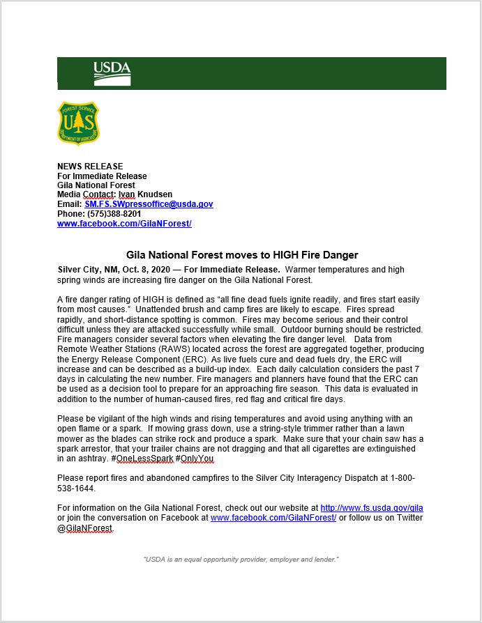 High Fire Danger in Gila National Forest
