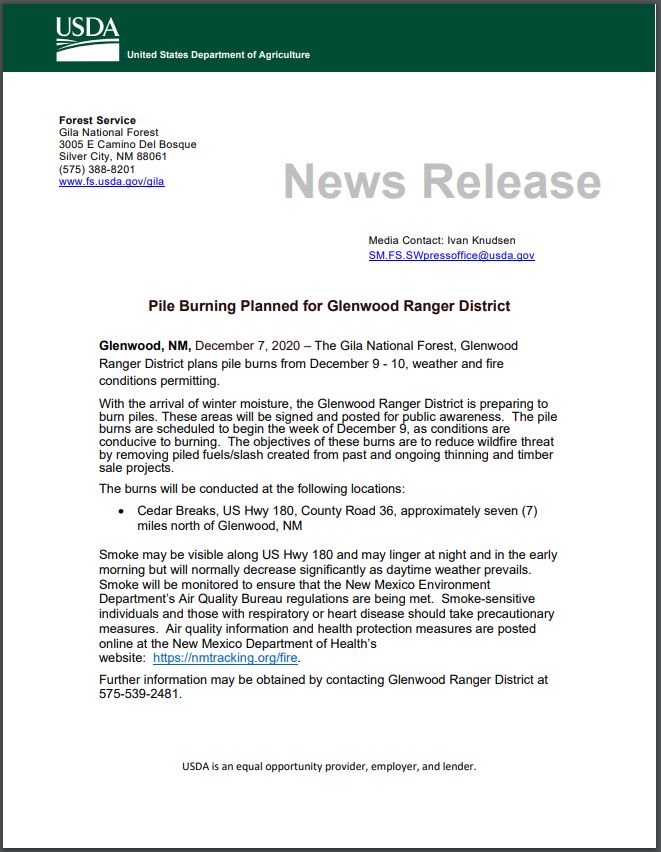 Glenwood Pile Burning Notice