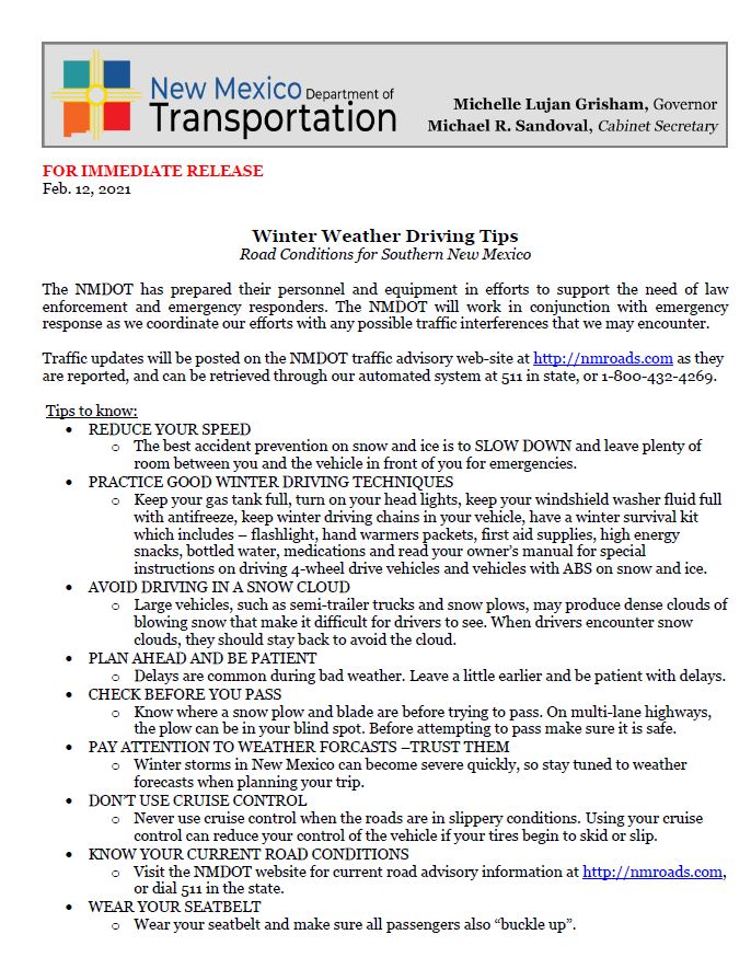 NM DOT Winter Weather Tips