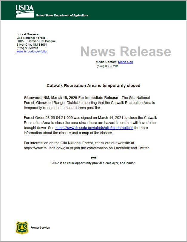 Catwalk Recreation Area Temporary Closure