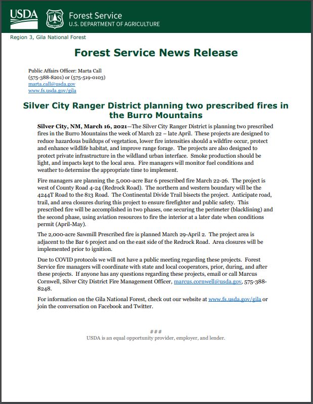 Prescribed Fires Scheduled in Burro Mountains