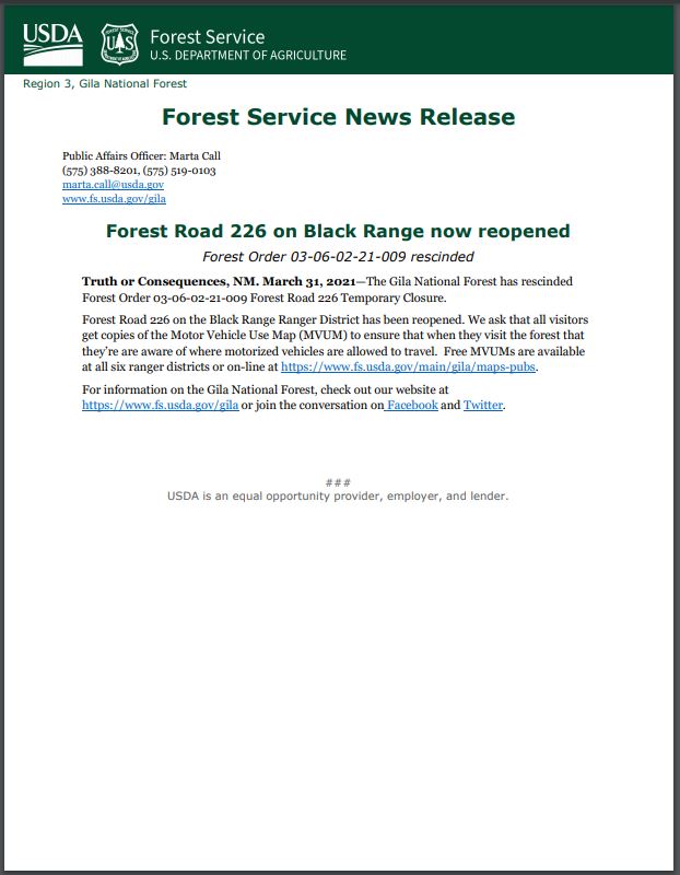 Forest Road 226 Reopened