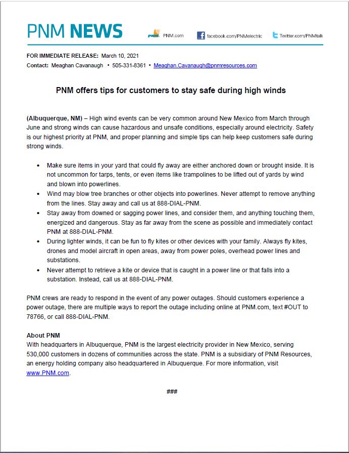 PNM Safety Tips for High Winds