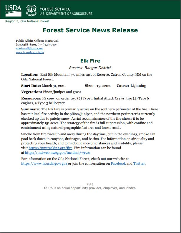 Elk Fire – Reserve Ranger District