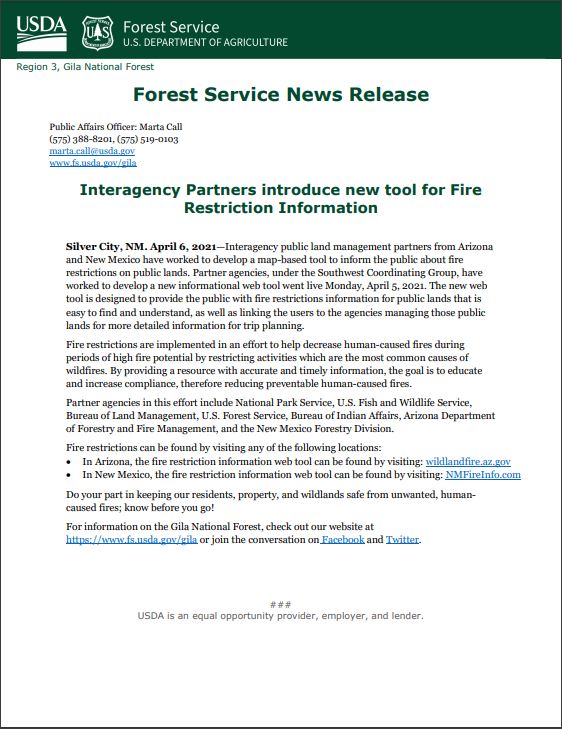 Forest Service Fire Restriction Information