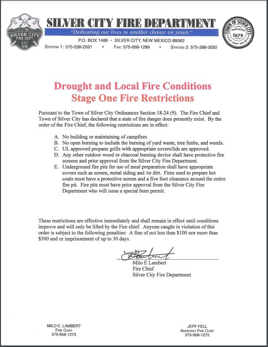 Town of Silver City Stage One Fire Restrictions