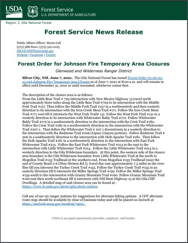Johnson Fire Temporary Area Closings