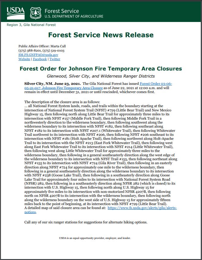 Johnson Fire Forest Order/Temporary Area Closures