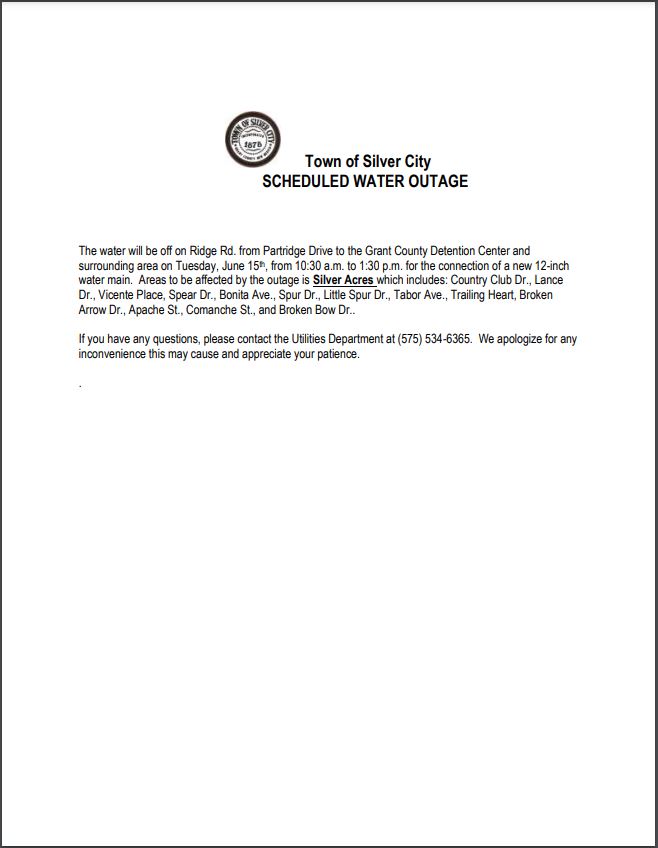 Town of Silver City Scheduled Water Outage