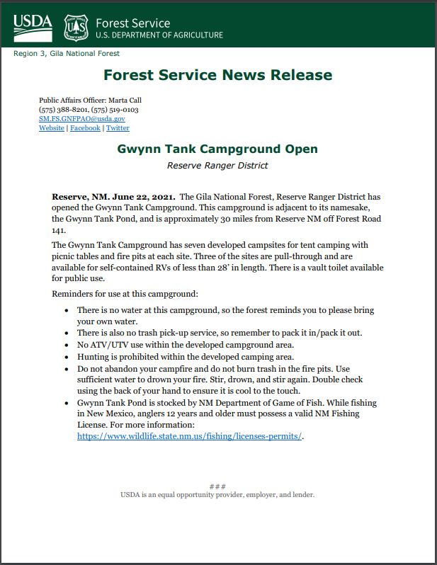 Gwynn Tank Campground Opened on Reserve Ranger District
