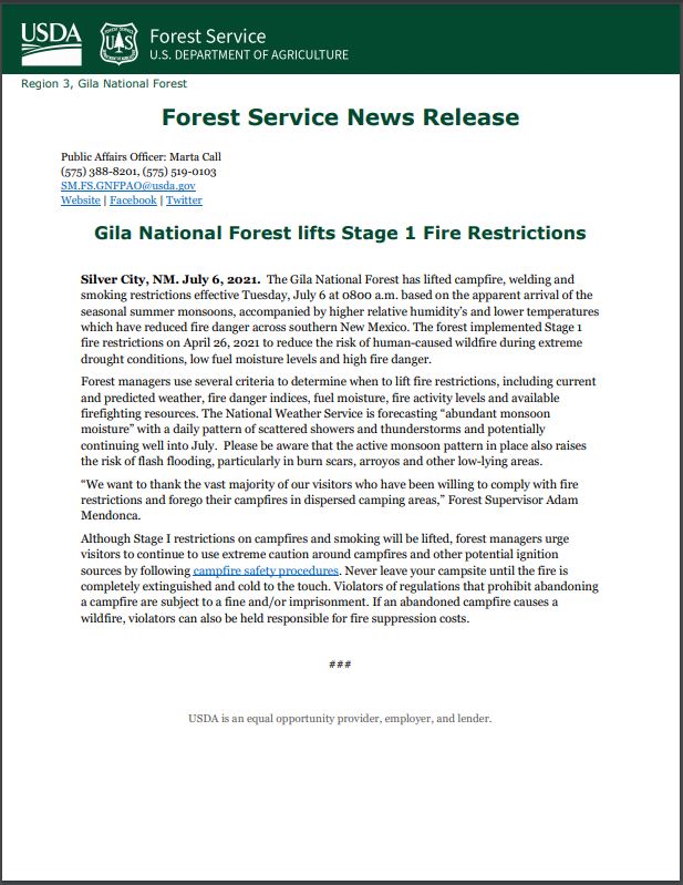 Gila National Forest Updated Fire Restrictions