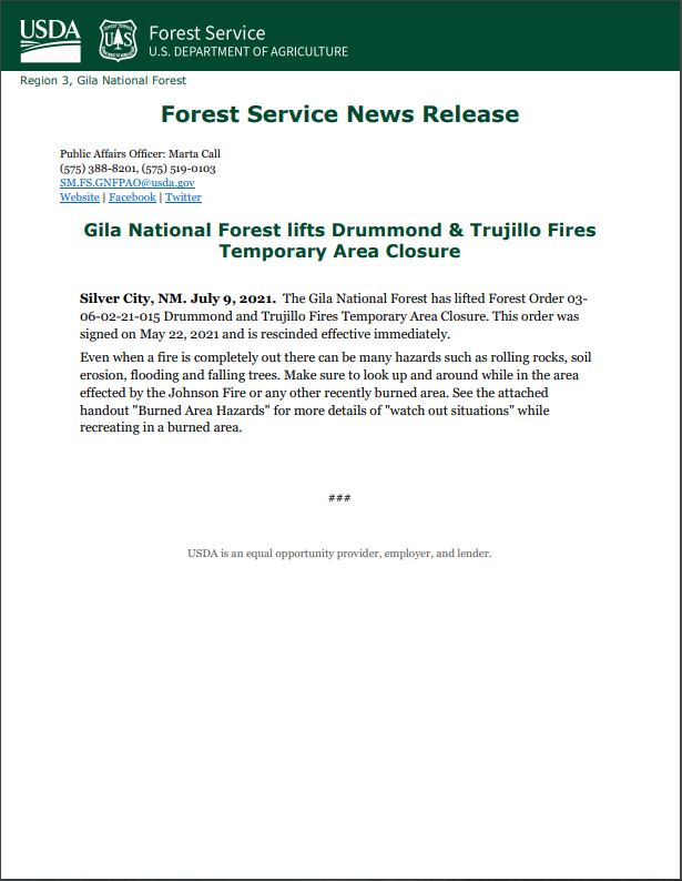 Drummond & Trujillo Fires Temporary Area Closure is Lifted