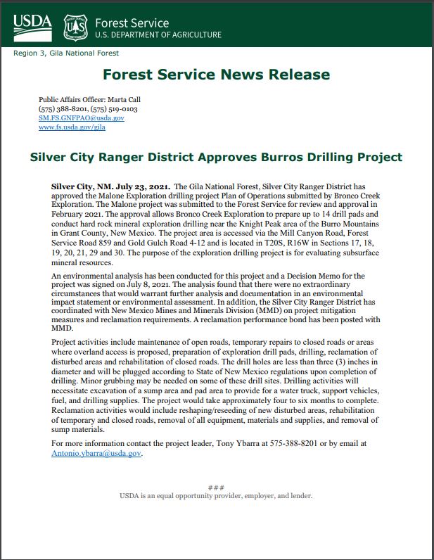 Silver City Ranger District Approves Burros Drilling Project