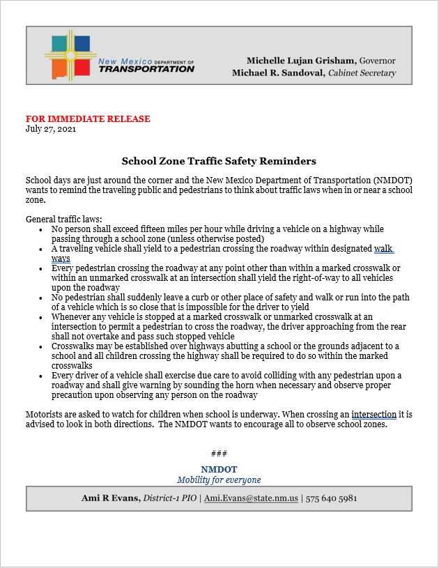 NMDOT School Zone Safety Reminders