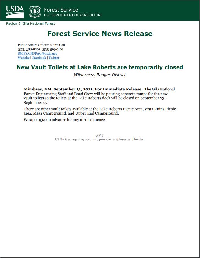 Forest Service News Release – Lake Roberts