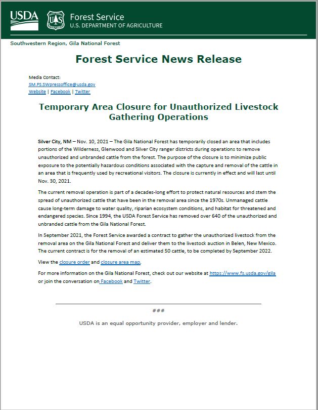 Gila National Forest Temporary Area Closure