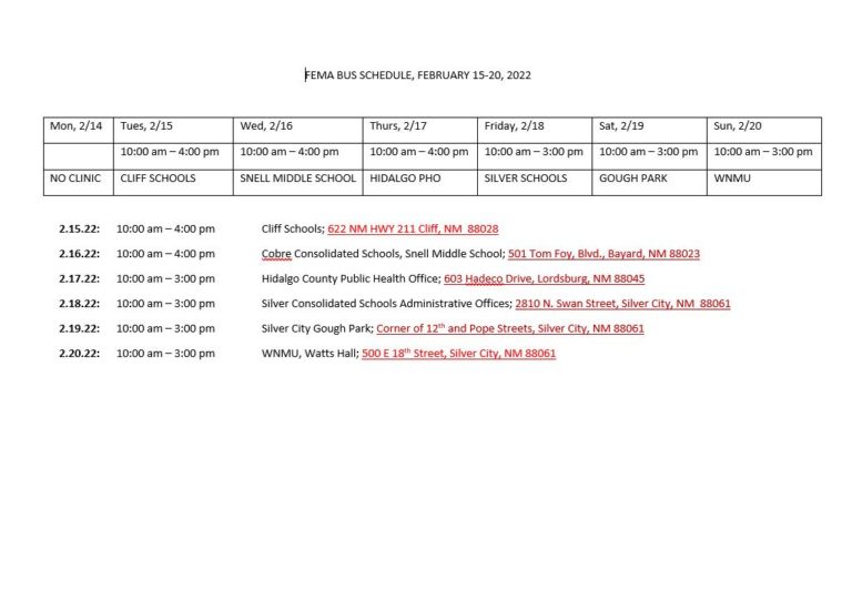FEMA Bus Schedule: Providing COVID Vaccinations