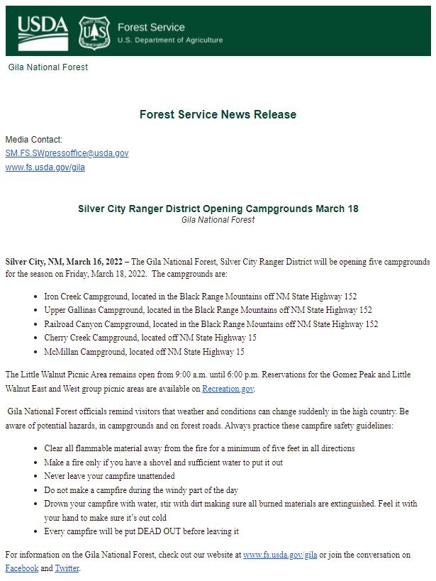 Silver City Ranger District Opens Campgrounds