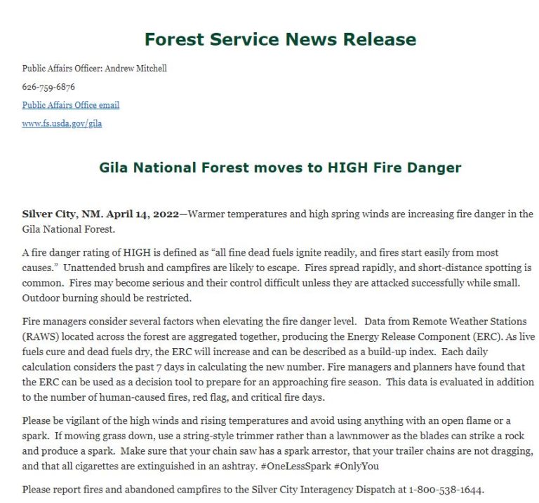 Gila National Forest Moves To HIGH Fire Danger
