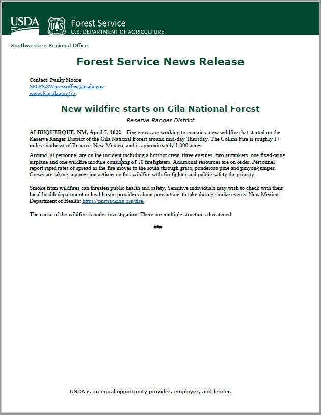 Wildfire in the Gila National Forest Reserve Ranger District