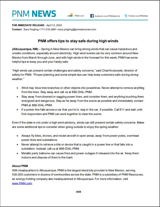 PNM Tips During High Winds