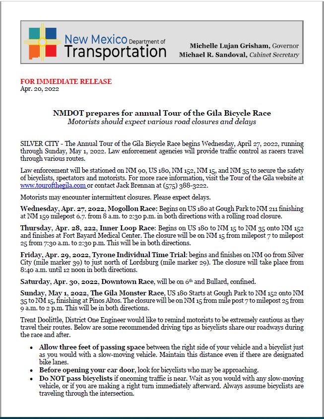Tour of the Gila Road Closures and Delays