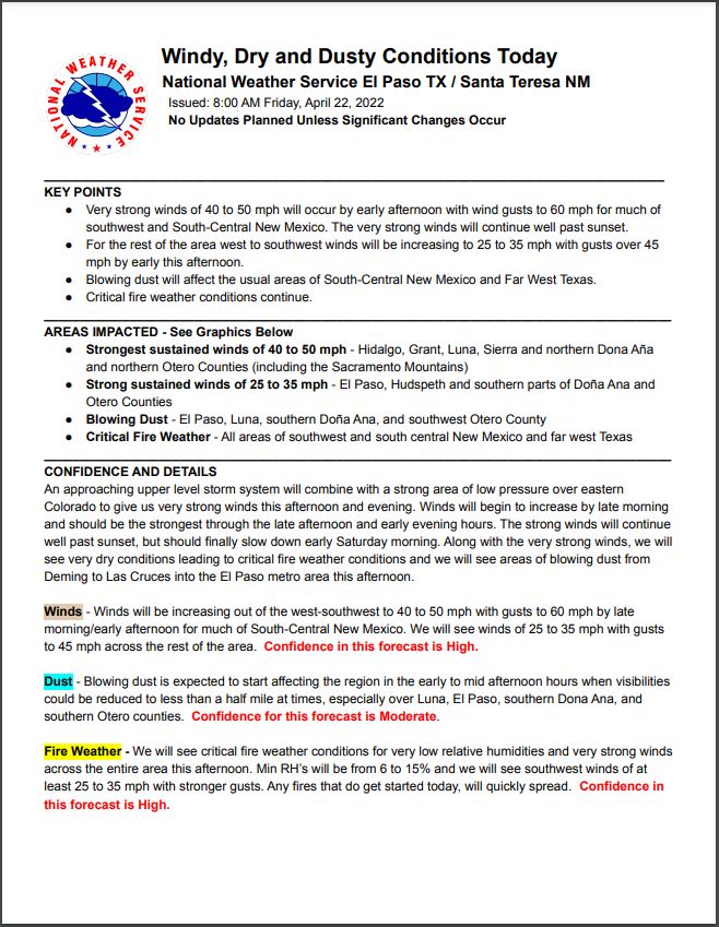 Sever Wind Conditions for Grant-Hidalgo-Luna County