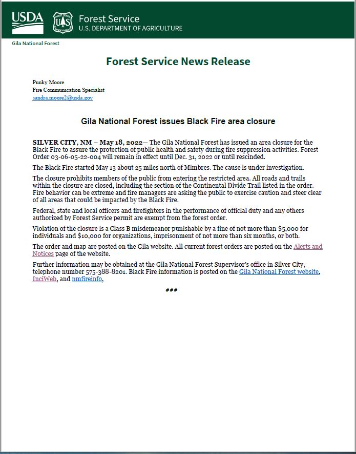 Black Fire Area Closures